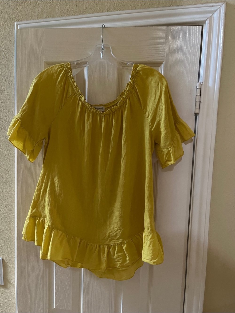 Terzo Millennio-Linen Ruffle-Hem Off-Shoulder Blouse in Mustard Yellow